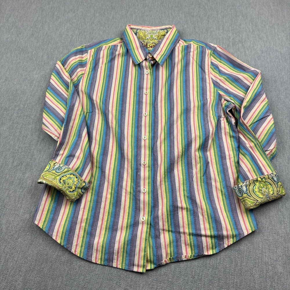 Robert Graham Shirt Womens Large Purple Green Striped Paisley Embroidered Disco